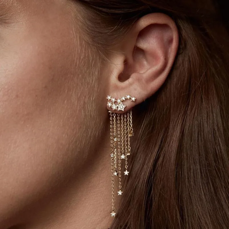 

Simple Long Tassel earrings Gold Plated Bling Earrings Shinny Stars w Diamond Stud Earring Jewelry, As picture