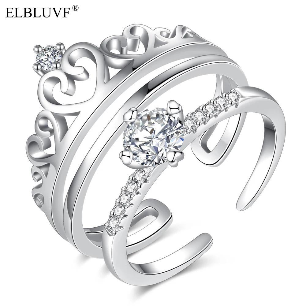 

ELBLUVF Free Shipping Lovers Copper Alloy Jewelry White Cubic Zircon 925 Silver Plated Crown Couple Ring Wholesale, White gold