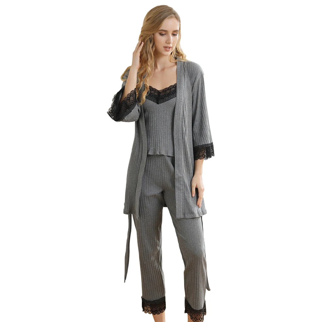 

New Fashion Sexy Sleepwear 3pc cotton cardigan Nightwear Robe Sets Pajamas high quality Night Robe Hotel bathrobe