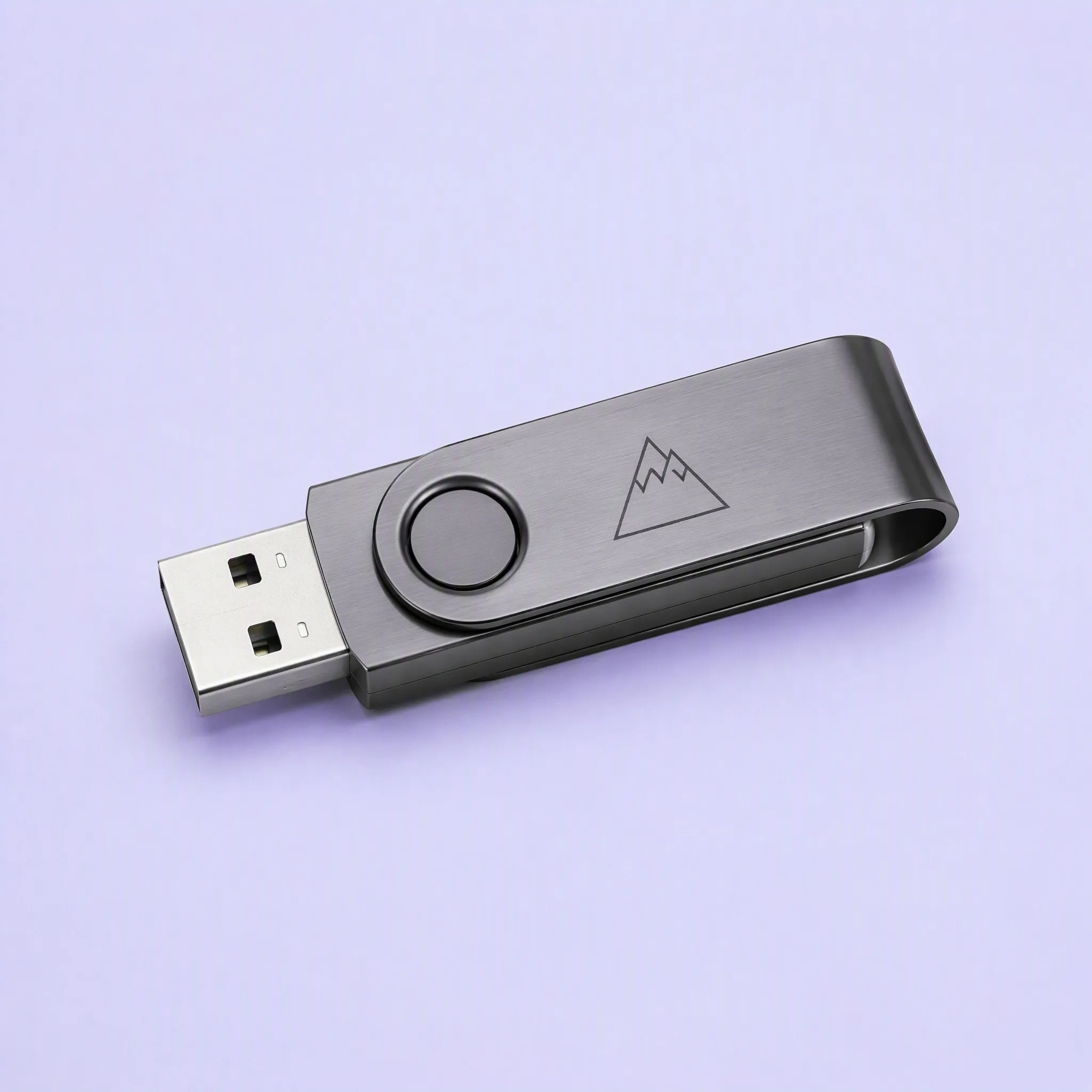 Studio 3/4 Isometric Perspective of Gunmetal Mountain Swivel USB Drive on Pastel Lavender Background