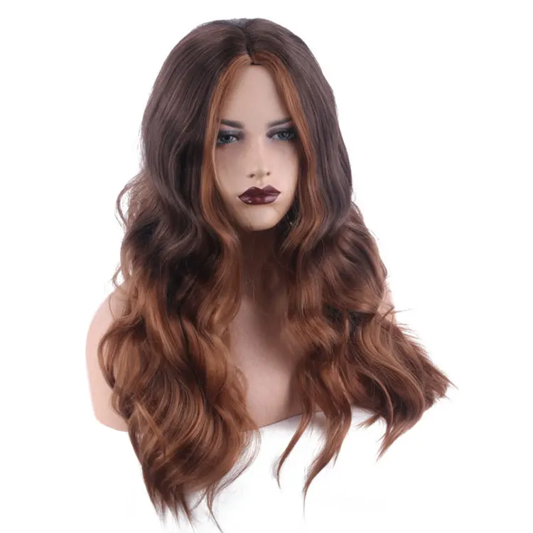 

Dyed Mid-point Bangs Long Curly Hair Gradient Golden Chemical Fiber Hair High Temperature Silk Natural Daily Female Wigs, Pic showed