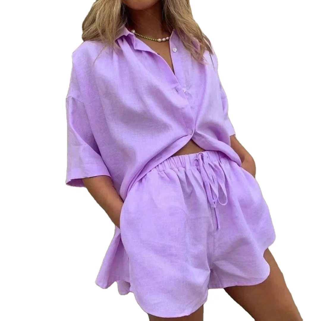 

High Quality Neon Wom Sets Clothes Multi Color Solid 100% Linen Fabric Shirts And Pants Women Two Piece Short Set