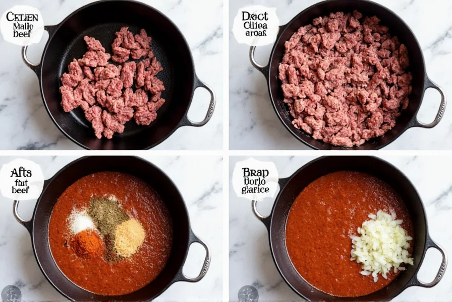 Step-by-step preparation of chili ingredients including browning ground beef, diced onions, garlic, and spices in a cast iron pot