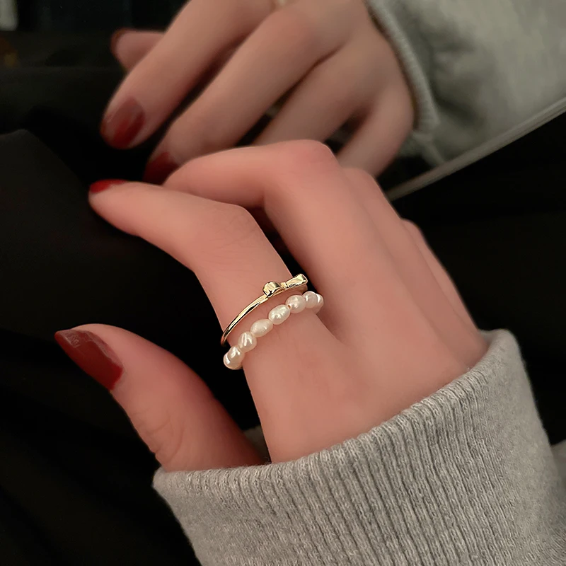

2pcs/set fashion trendy bowknot pearl adjustable resizeable rings