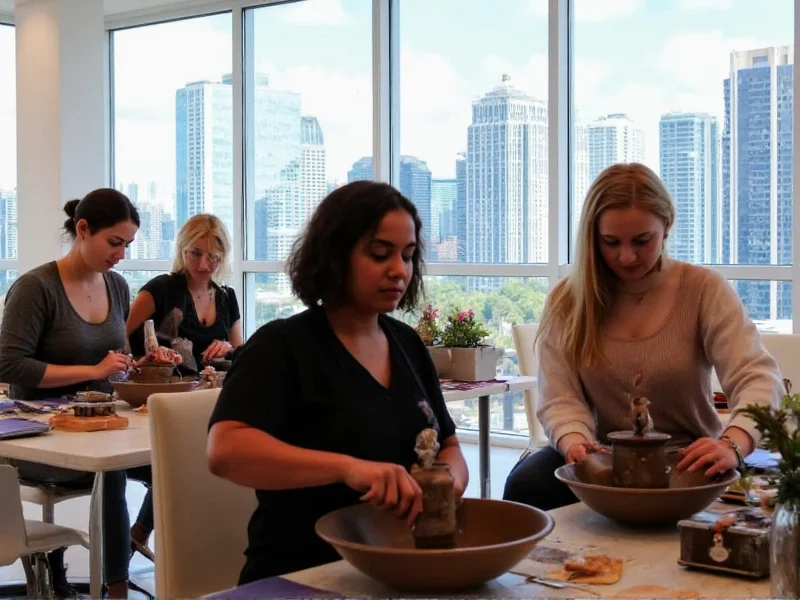 Group pottery session with Brickell skyline backdrop