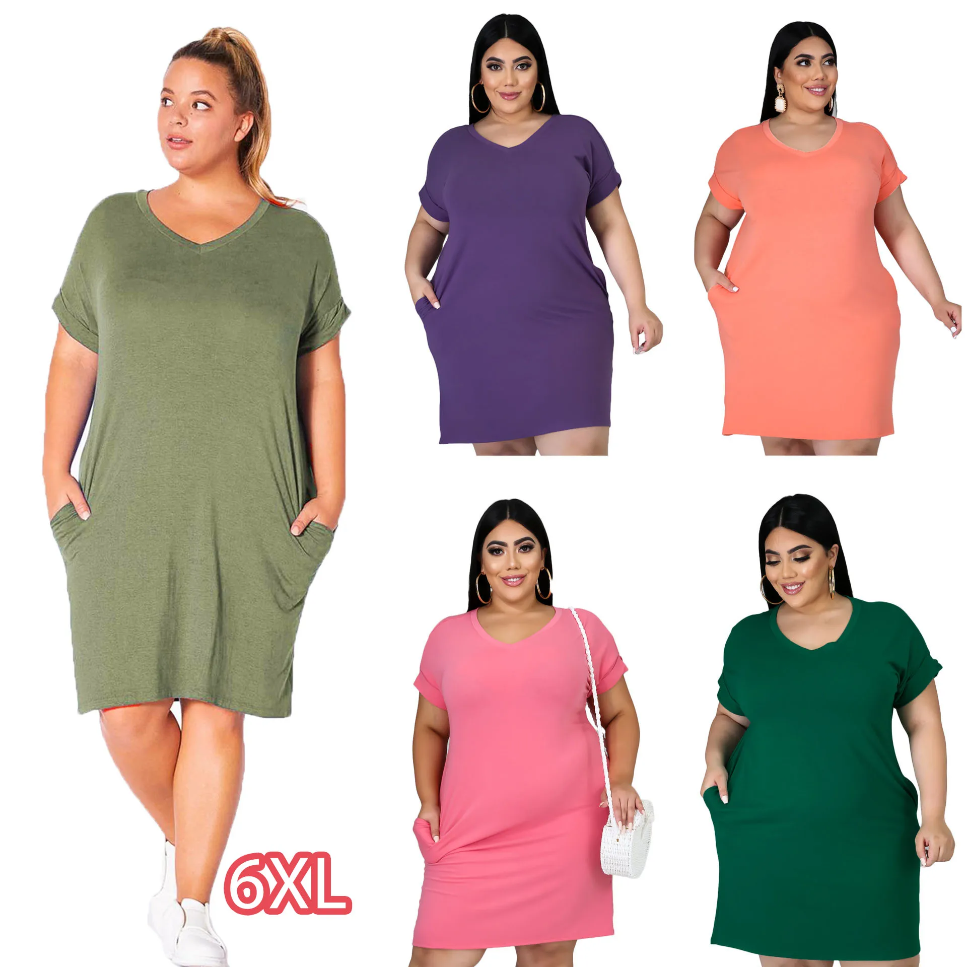 

6XL Plus Size Women Solid Color V-Neck Short Sleeve Casual Dress Summer Clothing Stylish Long Dress, Customized color