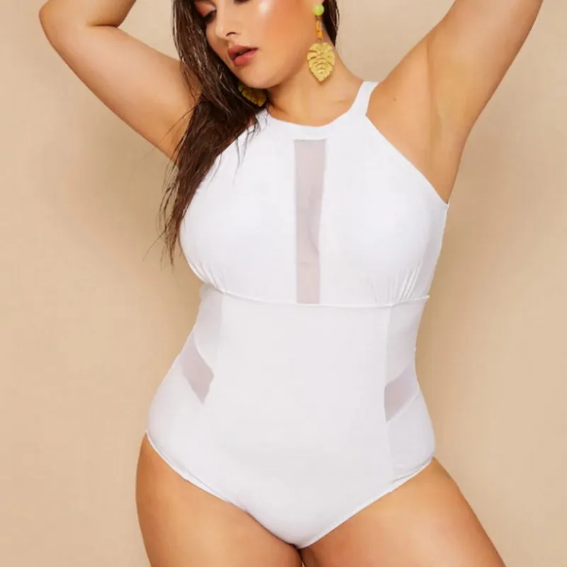 

New Plus Size Swimwear Sexy White Pure Color Piece Swimsuit Widening Enlarging Fold Hole Backless Unique Bikini, As picture