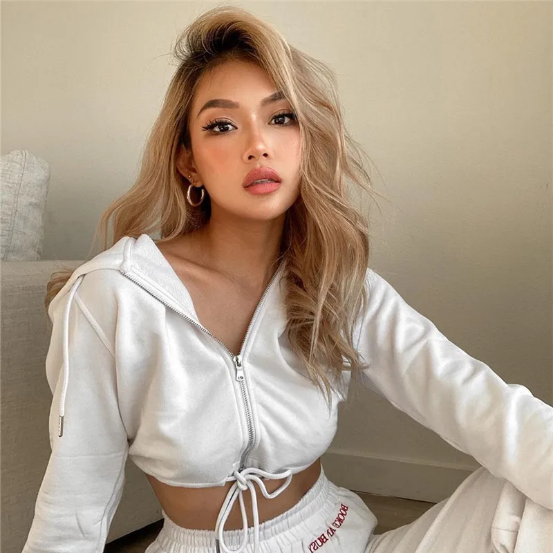 

Yingchao 2020 Hot Fall Fashion New Arrivals Casual Loose Zipper Pullover Hoodies Drawstring Crop Top Sweater Women Sweatshirt