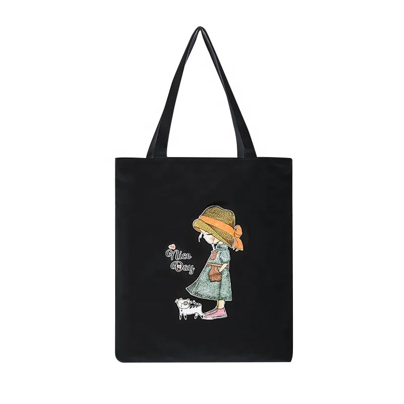 

Rts Wholesale Black Color Cotton Cartoon Printed Reusable&Foldable Soft-Loop Girl Shopping Canvas Tote Bag, Orange/custom