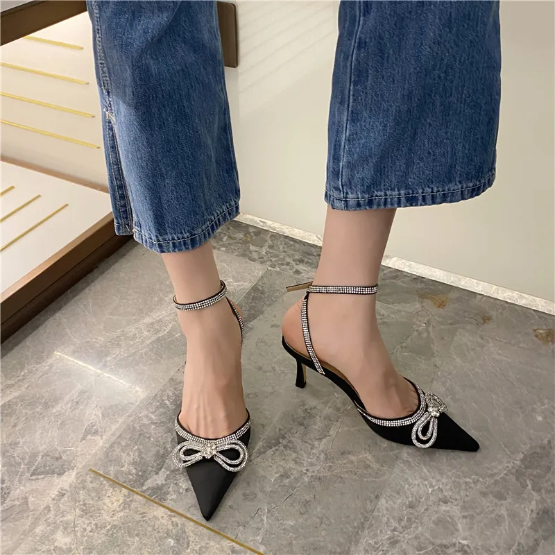 

DEleventh Shoes Woman Fashion Party Shoes 2020 Sexy Rhinestones Bowknot Pointy Toe Stiletto High Heels Dress Sandals Black Gold