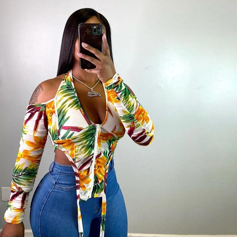 

Fashionable Backless Halter V-Neck Printed Shirt Sexy Zipper See Through Mesh Summer Long Sleeve Trendy Crop Top For Women 2021