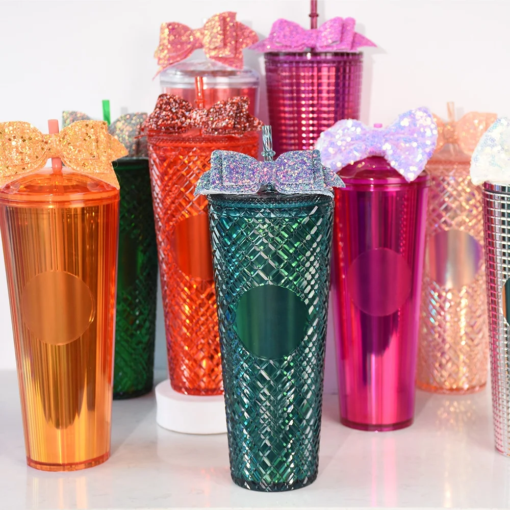 

2022 Summer 24oz Double Wall Plastic Mug Acrylic Reusable Cold Pineapple Cup Matte Studded Tumbler With Lids and Straws, Bling pink