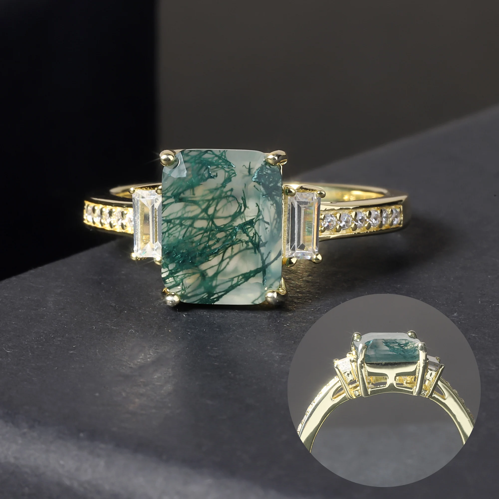

F610 Abiding Fine Jewelry Wholesale Emerald Cut 7x9mm Green Stone Women 925 Sterling Silver Moss Agate Ring