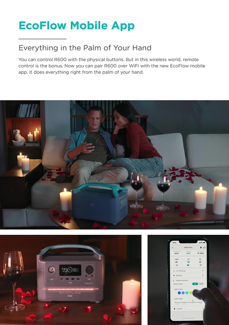 Outdoor Power EcoFlow RIVER 600 Camping Portable Power Station with APP Wifi Entertainment Lighting