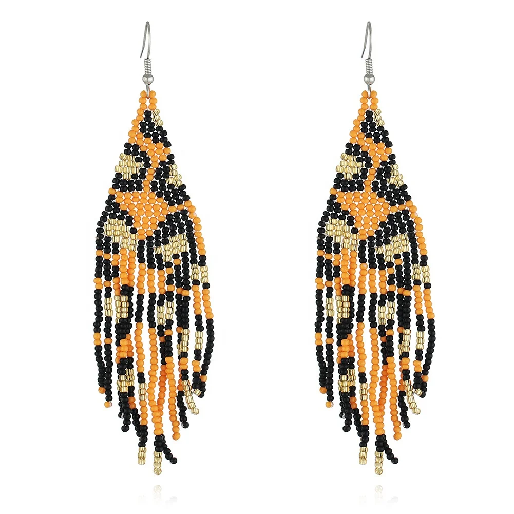 

Ziming Bohemian Leopard Pattern Sead Bead Tassel Statement Earring Handmade Vintage Style Beaded Earring