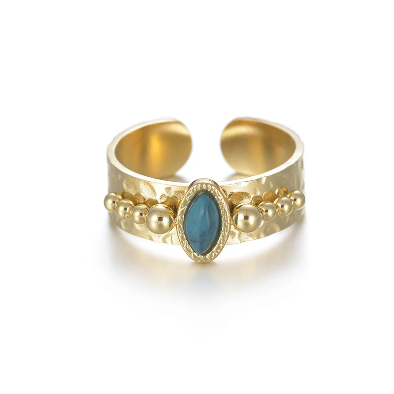 

French Vintage Punk Women Titanium Steel 14K Gold Inlaid Gemstone Geometric Turquoise Rings Jewelry, 18k gold plated