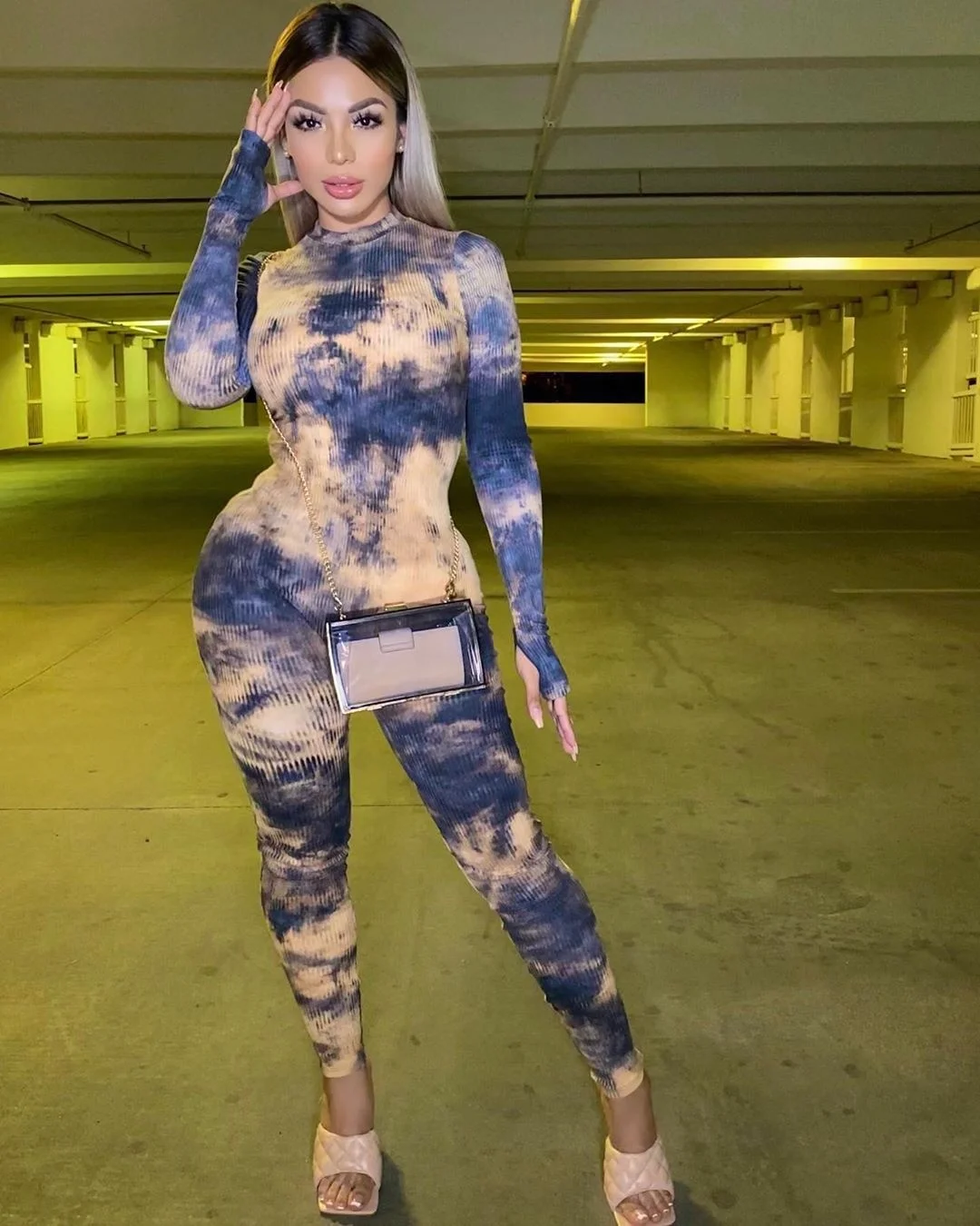 

QC-ZY7002 Factory wholesale price street fashion slim tie dye printing fall long sleeve one piece jumpsuit, As picture or customized make