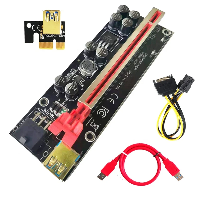 

VER009S Plus PCI-E PCIE Riser Card 009s PCI Express Adapter Molex 6Pin SATA to USB 3.0 Cable 1X 16X Extender riser 009s plus, Red and black