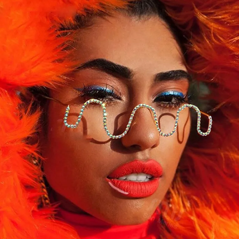 

DLL2056 DL Glasses Fashion metal frame wave half frame pieceless decorative rhinestone no lens sunglasses