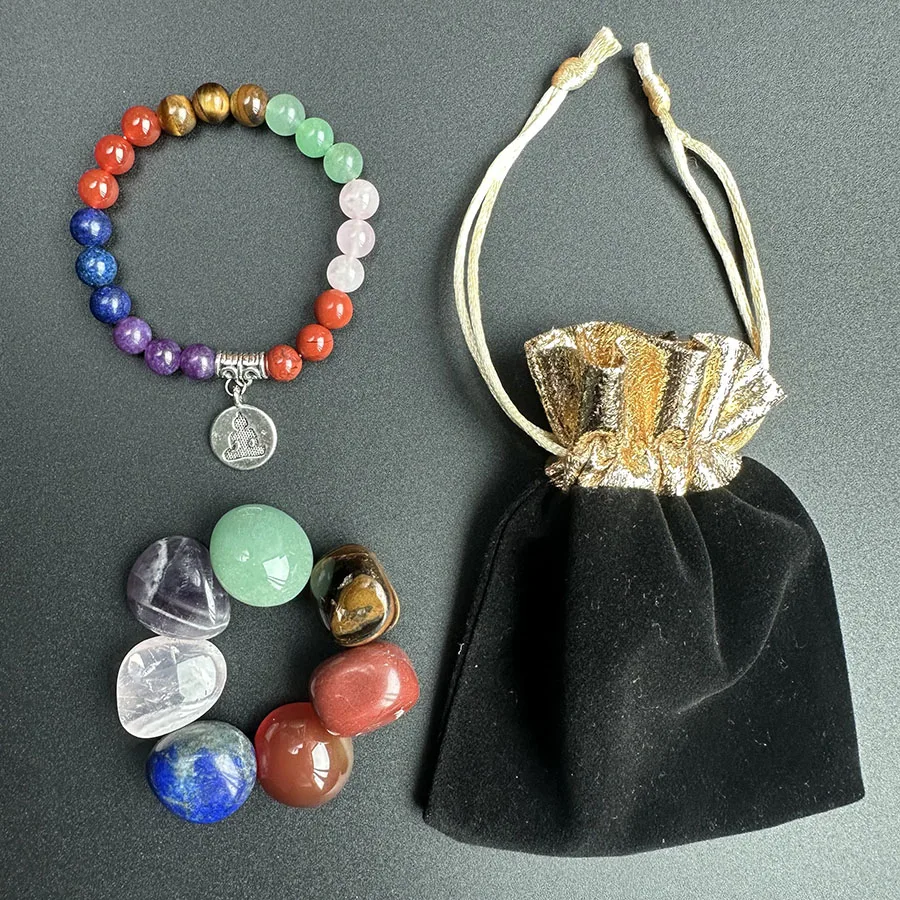

7 Chakra Natural crystal bracelet set Healing Polished tumbled crystal stone yiga chakra bracelet set with velvet bag