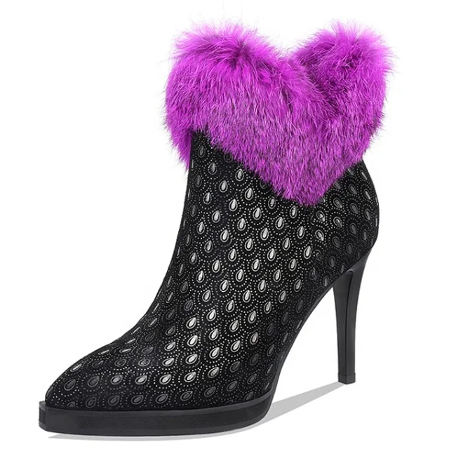 

Heart-Shaped Women Thick Fur Ankle Boots Peacock Print Winter Stiletto Booties Lady Dress Zip up High Heel Short Boots, Black winered