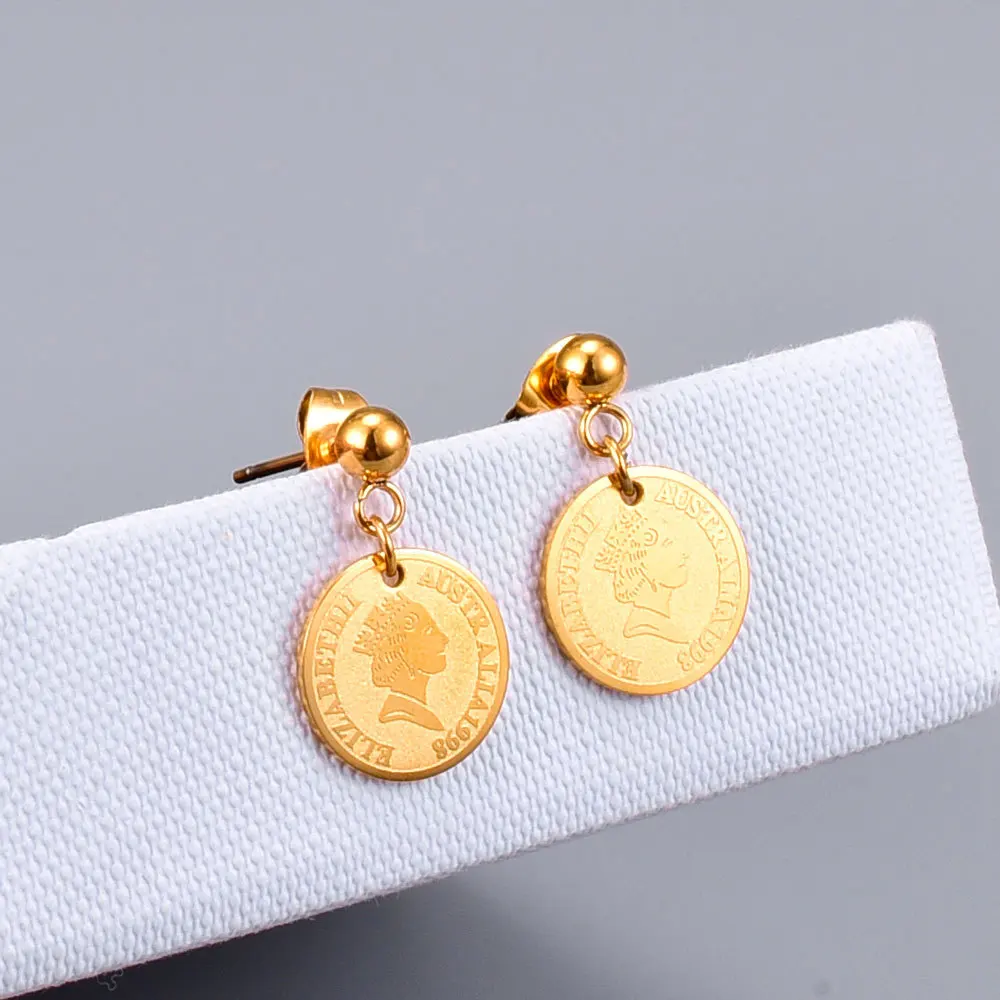 

Classic Gold Plate Elizabeth Figure Dangle Coin Stud Earrings Western Style Stainless Steel Queen Head Coin Stud Earring