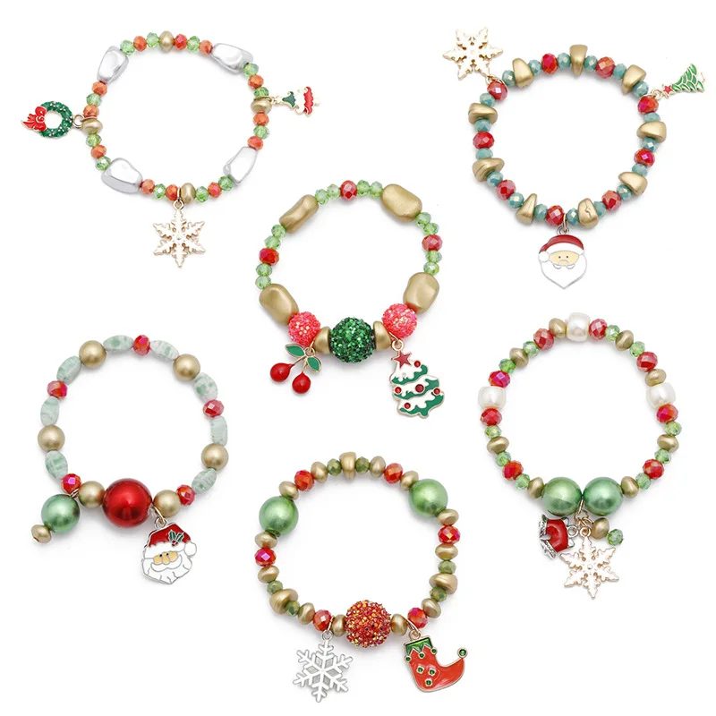 

Hot Selling Christmas Gift Trees Snowflake Sock Cherry Santa Claus Candy Bead Christmas Charm Bracelets