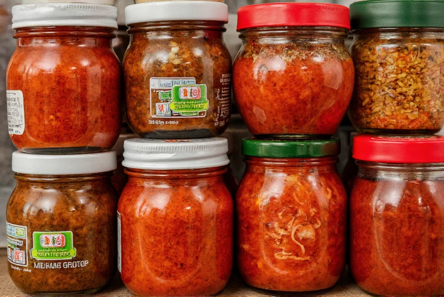 Various Asian chili paste varieties in glass jars with ingredients visible