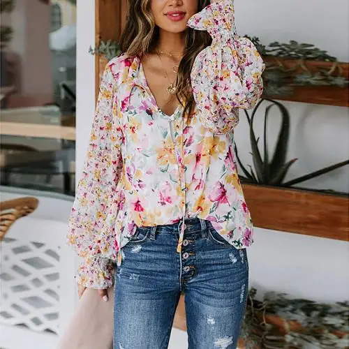 

New Polyester floral shirts women Long Sleeve Button Down Shirt loose printed Women's Blouses pink