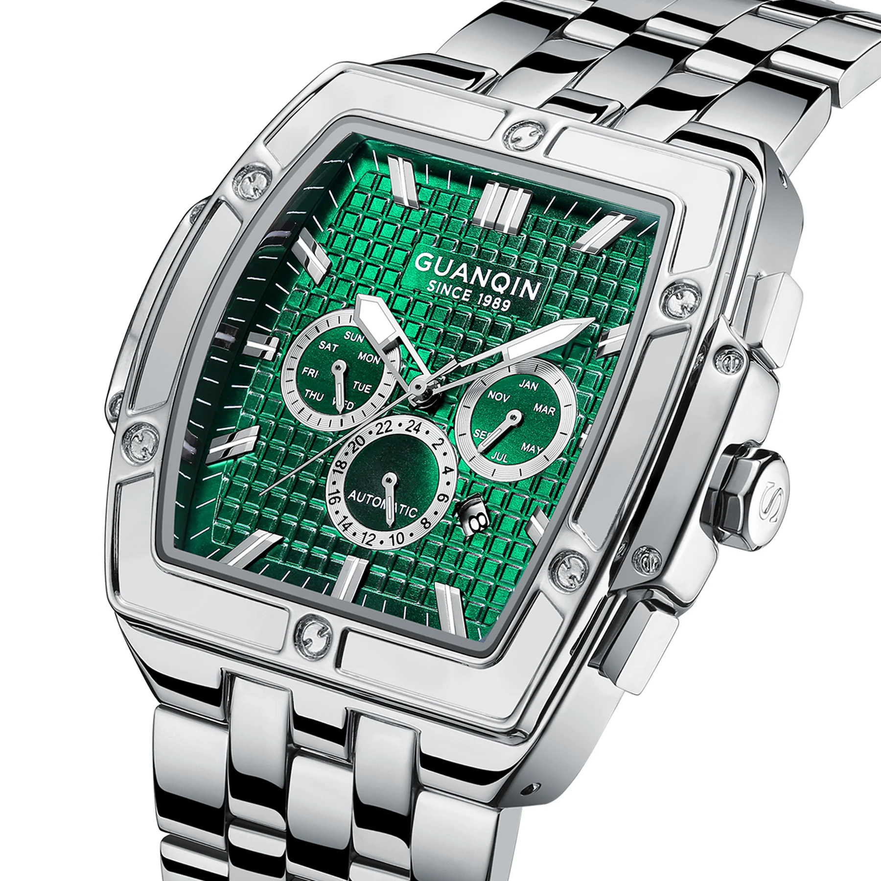 

GuanQin Mens Mechanical Watches Stainless Steel Automatic Square Charm Men Green Wrist Watch