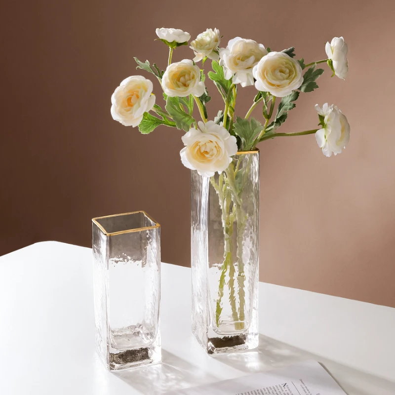 

Hot Sale Beautiful Large Tall Clear Cylinder Glass Vase Square Gold Rim Glass Tabletop Flower Vase for Decors, Transparent clear