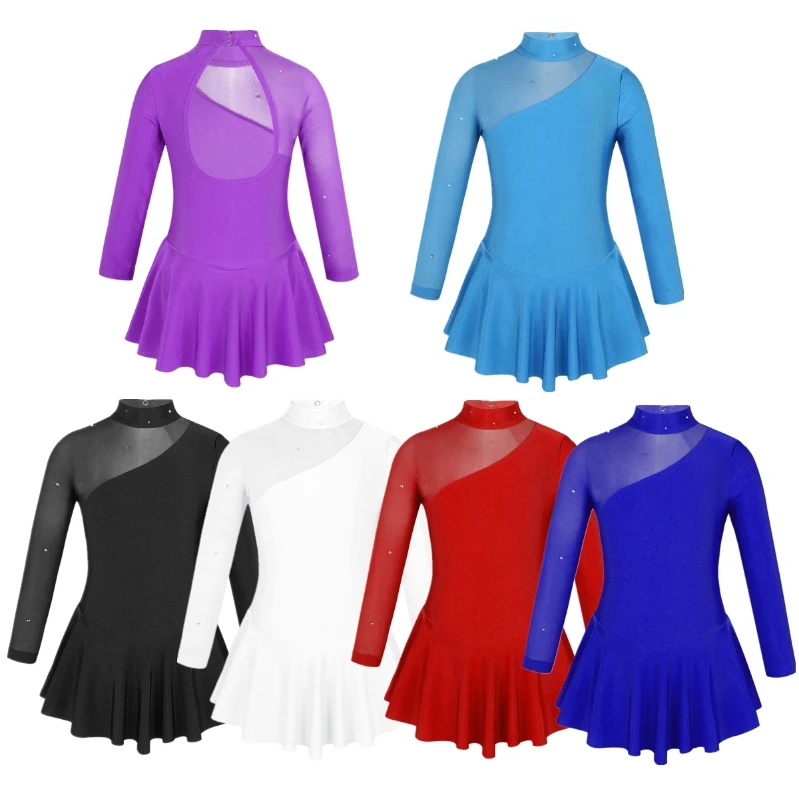 

High Quality Girls Ice Skating Dress Long Sleeve Splice Gymnastic Ballet Dance Leotard Dress