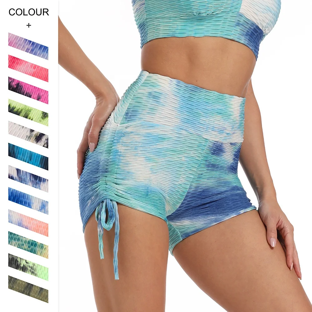 

New arrival trend jacquard tie-dye bubble drawstring fitness sports shorts custom yoga pants for women, Picture showed