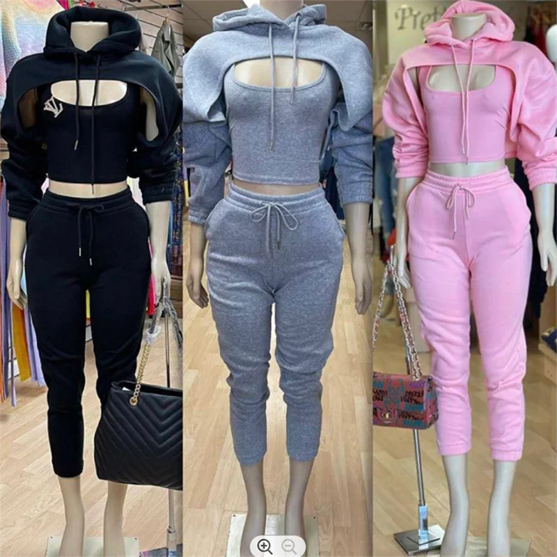 

New Women Fleece Set Solid Color 3 Pieces Crop Top Hoodie Vest And Pants Suit Fall Custom Joggers Set, As picture