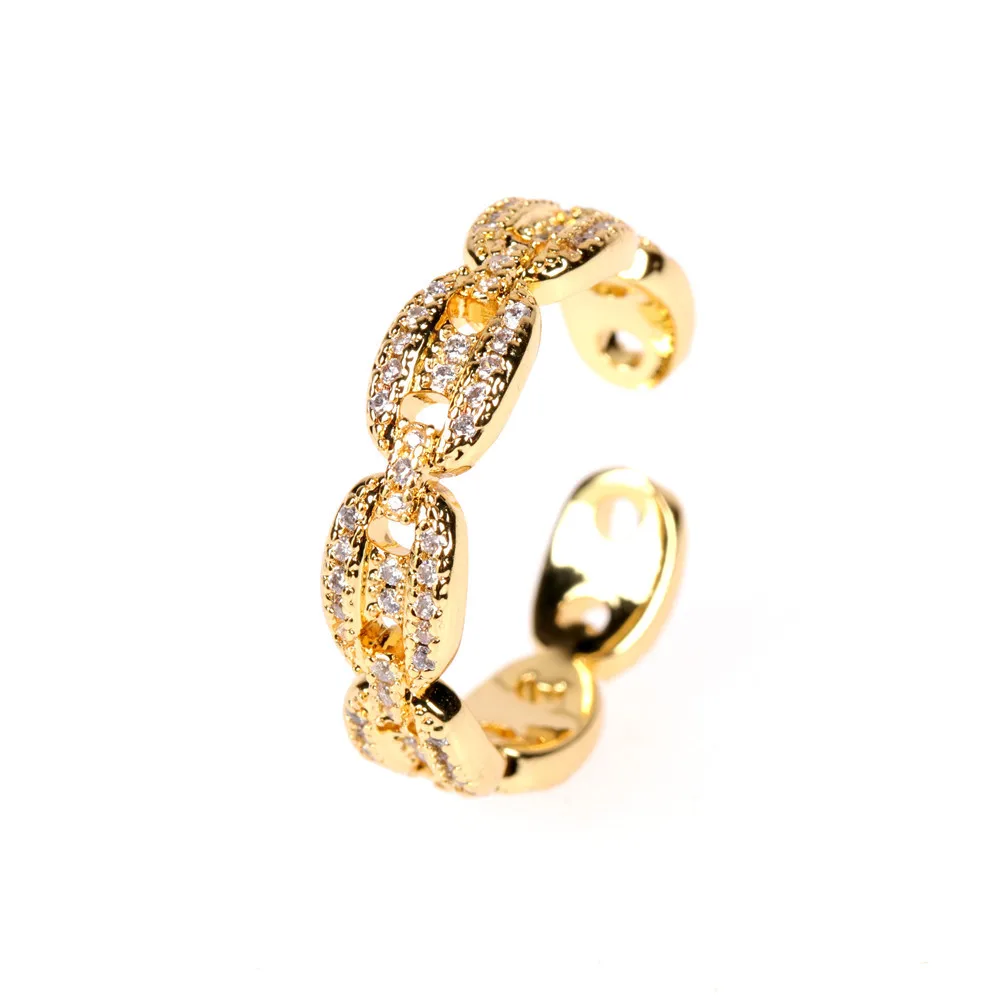 

Newest American Coffee Beans Shape Full Diamond Opening Ring Micro Pave Zirconia CZ Link Chain Rings