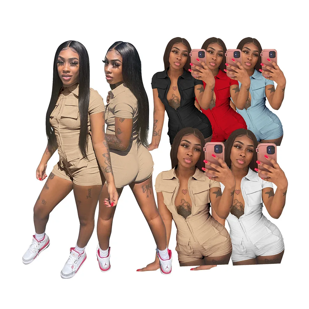 

New Quality Zipper Pocket Short Sleeve Rompers Summer Women Solid Color Tight Cargo Short Jumpsuit, 5 colors