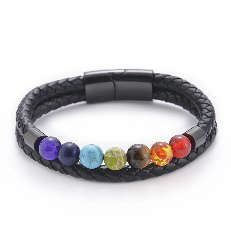 

Genuine Leather Charka Bracelet Lava Tiger Eyes Lapis Beads Bracelet Black Stainless Steel Magnetic Clasps Men Wrist Bracelets