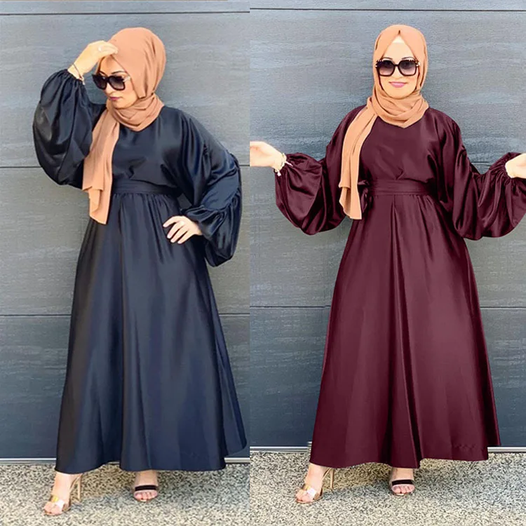 

2021 New Design Muslim Islamic Clothing Plus Size Loose Satin Puff Long Sleeve Maxi Dress Robe Dubai Abaya, 2 colors in stock accepted customzied design