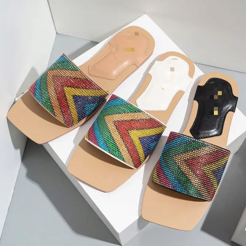 

2021 High quality iridescence rhinestone new arrivals shoes Europe & American women square mouth outdoor beach flat sandals, Black, white, nude