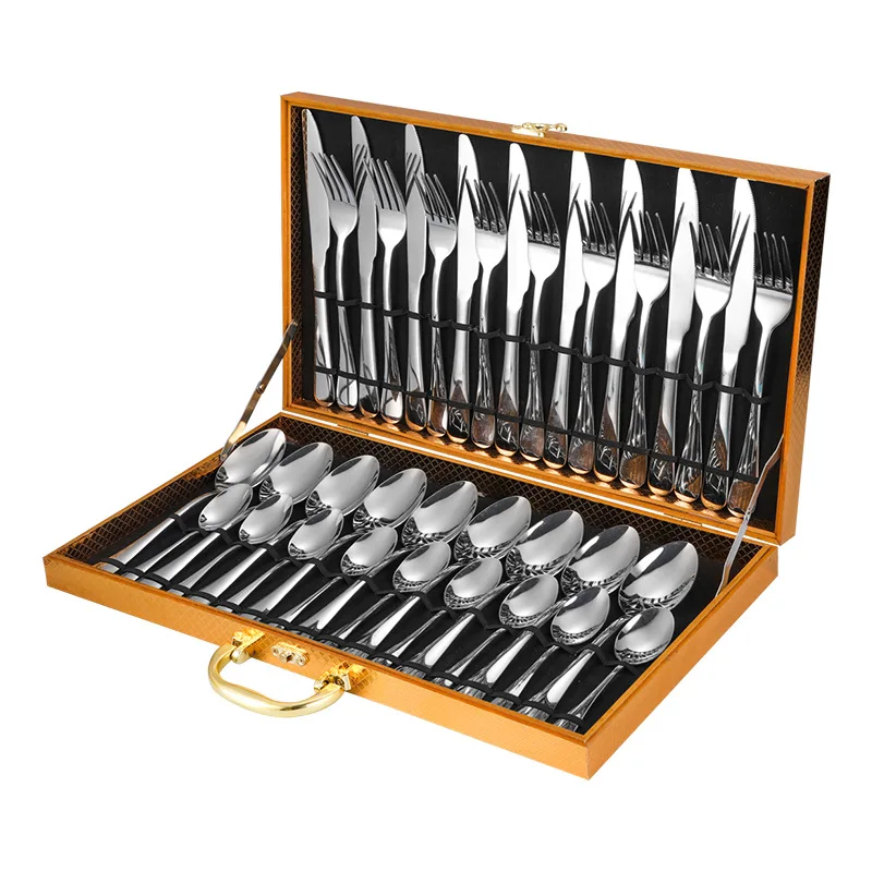 

hot selling 36 pieces silver cutlery sets with wooden box