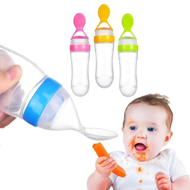 

Hot Sale BPA free Silicone Food Feeder Squeeze Spoon Bottle Baby food supplement feeding tool, Pink blue yellow green white