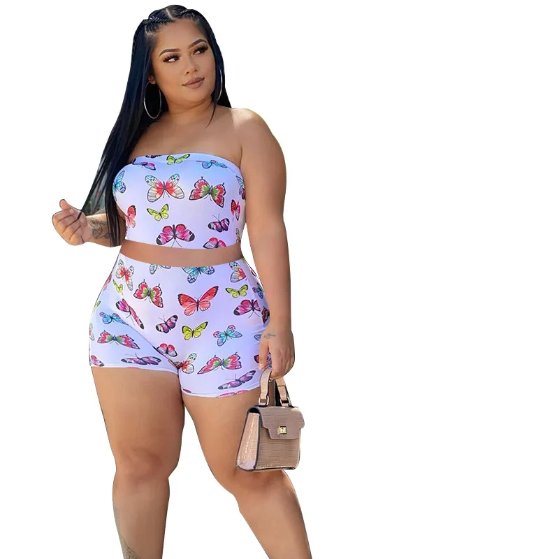 

Tube Top Butterfly Print Lounge Wear 2 Piece Set Women Biker Two Piece Fashion Shorts Set, Customized color