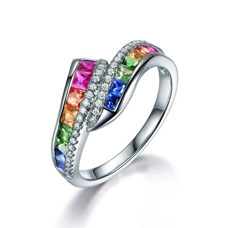 

New Design Inlaid Rhinestone Rainbow Red Blue Zircon ring or Women Girls Party Jewelry Gifts bijoux