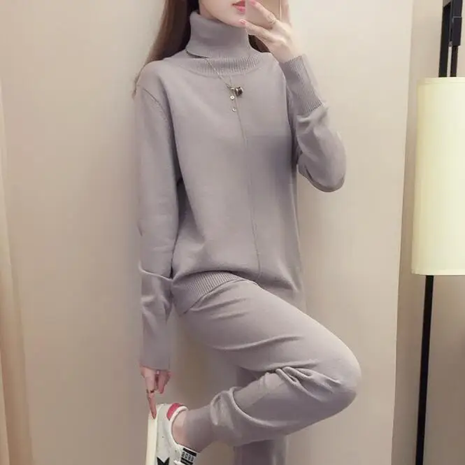 

2021 new solid color sweater turtleneck sweater + belted harem pants jogging suit, Custom