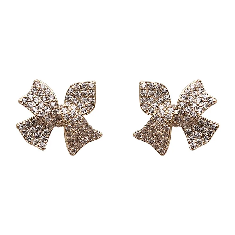 

Genuine Gold plating Korean diamond bow earrings 925 silver needle small elegant earrings for women
