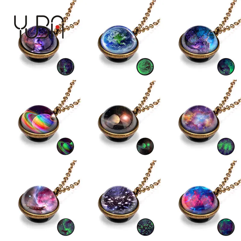 

Retro New Design Universe Planet Glass Luminous Double Sided Pendant Necklace for Women Men