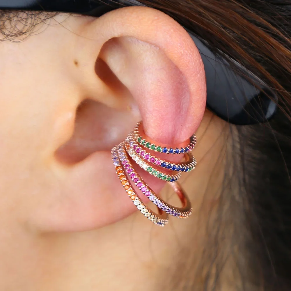 

1 PIECE multi layed cluster cz line no piercing cuff earring Gold Color colorful rainbow cz fashion ear bone clip on earrings