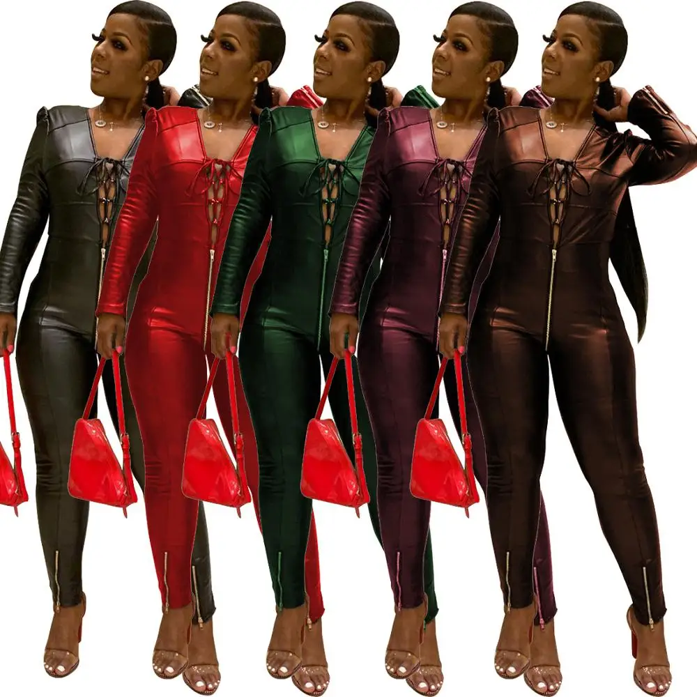 

FM-M997 Fashion Sexy Bodycon Hollow Out PU Leather Bandage Jumpsuits for Women, As pictures