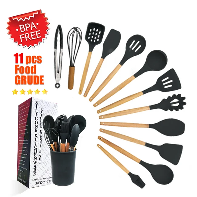 

13Pcs Home Wood Silicone Kitchen Accessories Set Cooking, Black