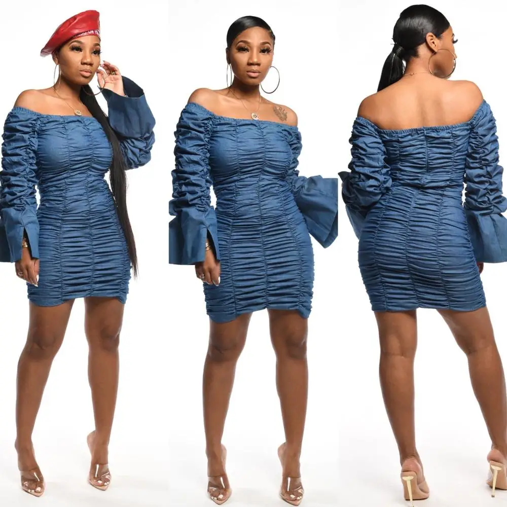 

M5247 - women fashionable off shoulder pleated denim mini dress